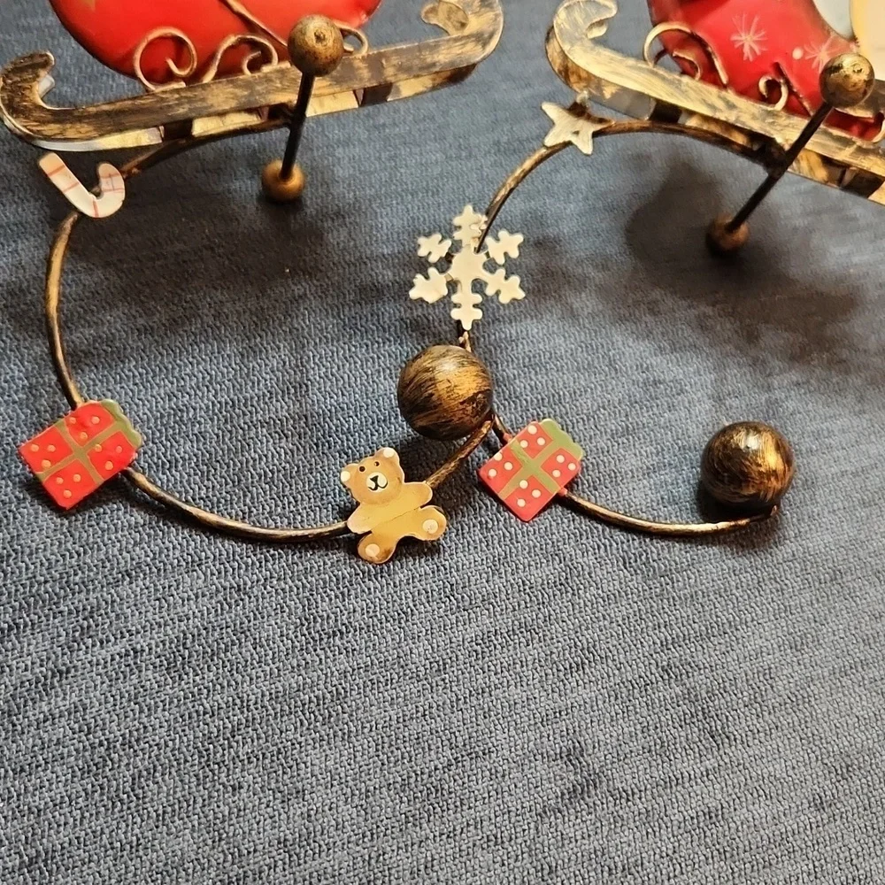 Set of 2 Vintage/antique Santa and Snowman in the sleds Xmas stocking holder